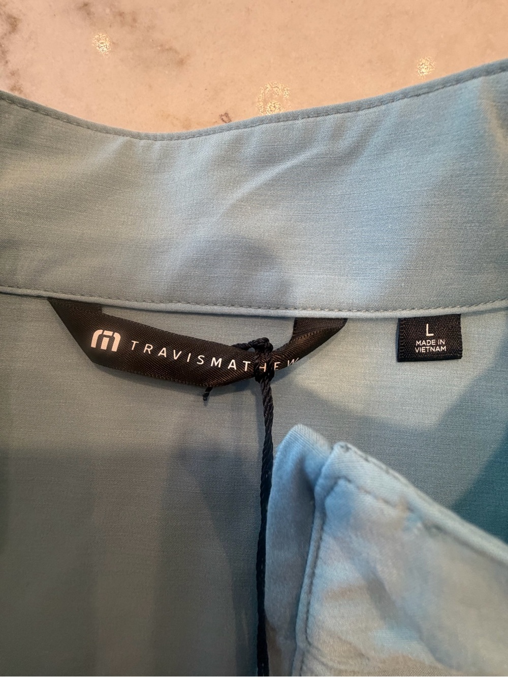 Men'TRAVIS MATTHEW Light Blue Quarter-Zip Pullover with Navy Stripe! L! New - Picture 7 of 8